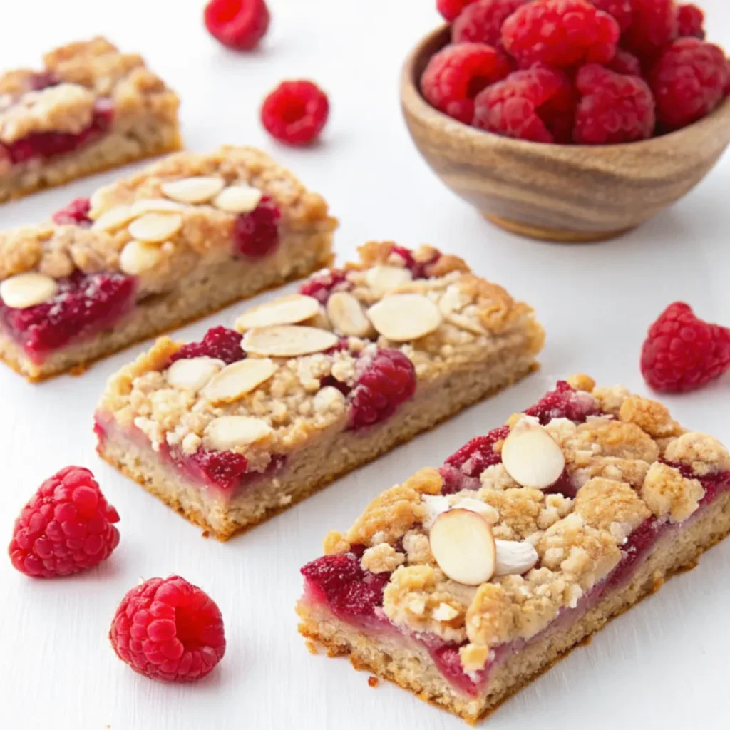 Selbstgemachte Himbeer-Kokos-Riegel auf einem weißen Teller, garniert mit frischen Himbeeren und Kokosraspeln