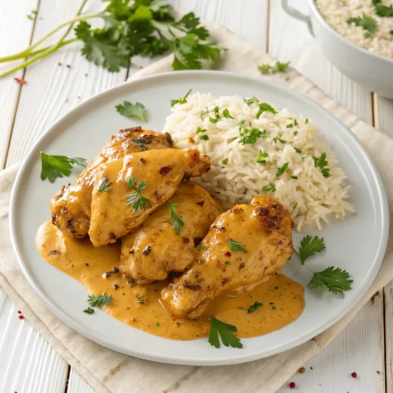 Frisch angerichtetes Honig Senf Hähnchen mit Reis auf einem Teller, serviert mit cremiger Soße und frischer Petersilie.