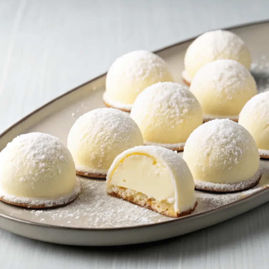 Käsekuchen-Kugeln auf einem Holzbrett, mit weißer Schokolade, Kokos und Kakao überzogen