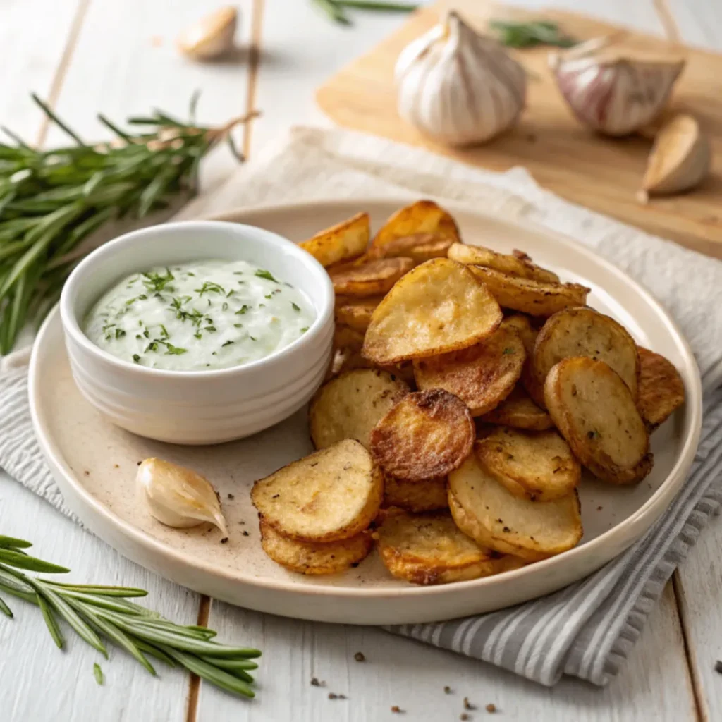 Knusprige Kartoffelscheiben aus der Heißluftfritteuse auf einem Teller mit Dip serviert