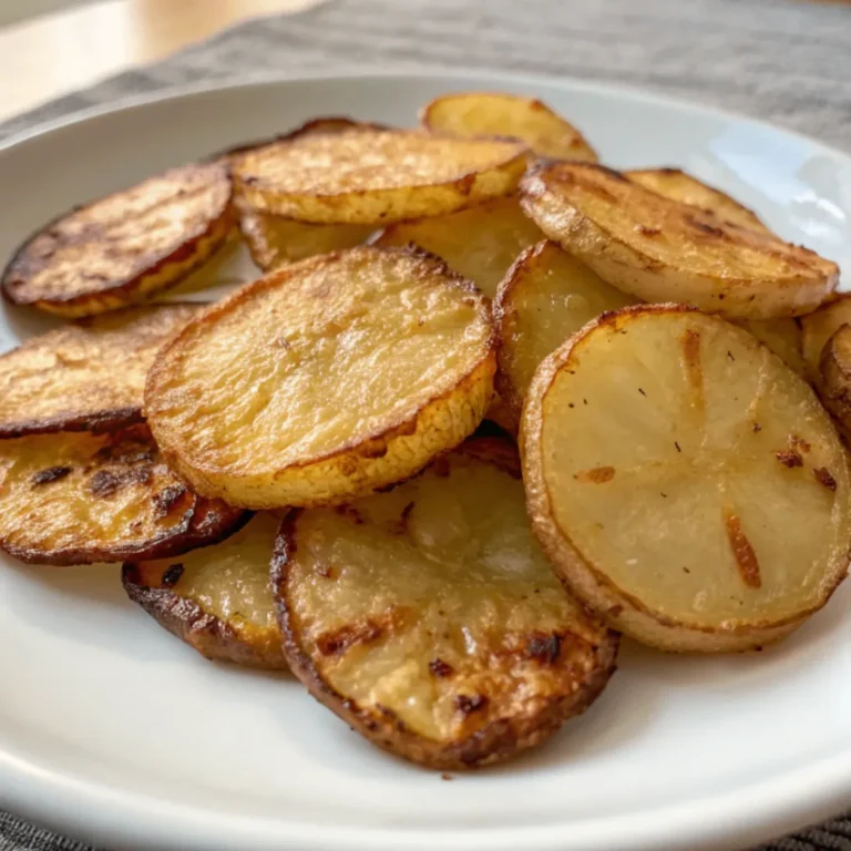 Knusprige Kartoffelscheiben aus der Heißluftfritteuse auf einem Teller mit Dip serviert