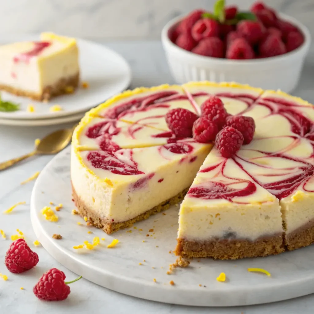 Unser Zitronen-Himbeer-Swirl-Cheesecake ist der perfekte Sommerkuchen – leicht, cremig und voll fruchtiger Frische