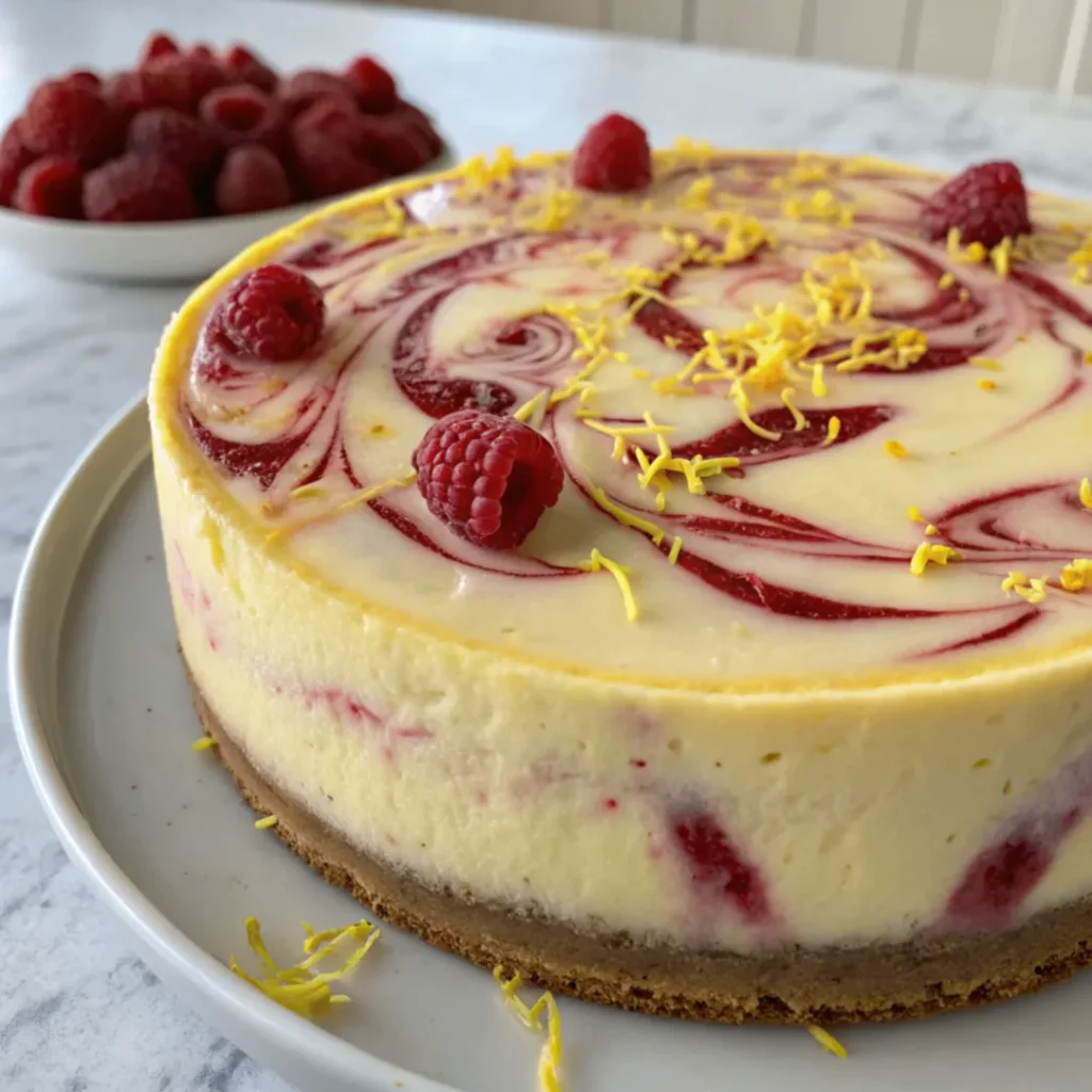 Unser Zitronen-Himbeer-Swirl-Cheesecake ist der perfekte Sommerkuchen – leicht, cremig und voll fruchtiger Frische