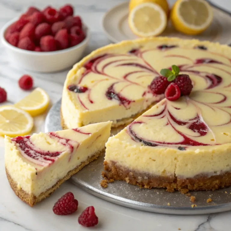 Unser Zitronen-Himbeer-Swirl-Cheesecake ist der perfekte Sommerkuchen – leicht, cremig und voll fruchtiger Frische