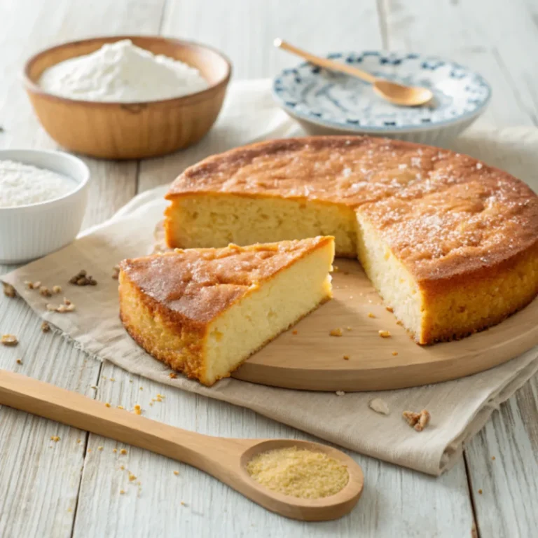 Saftiger Low-Carb Joghurtkuchen ohne Mehl und Zucker auf Holztisch mit angeschnittenen Stücken