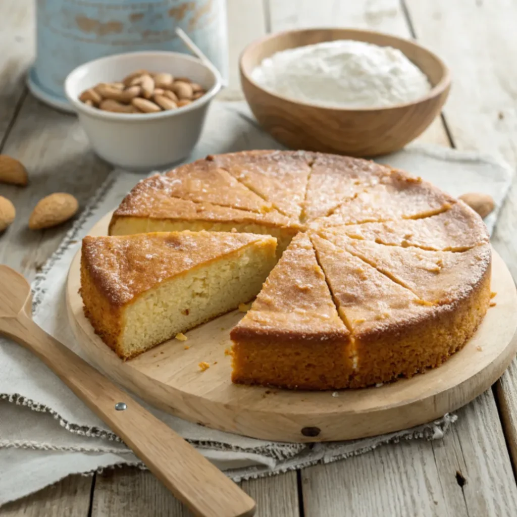 Saftiger Low-Carb Joghurtkuchen ohne Mehl und Zucker auf Holztisch mit angeschnittenen Stücken