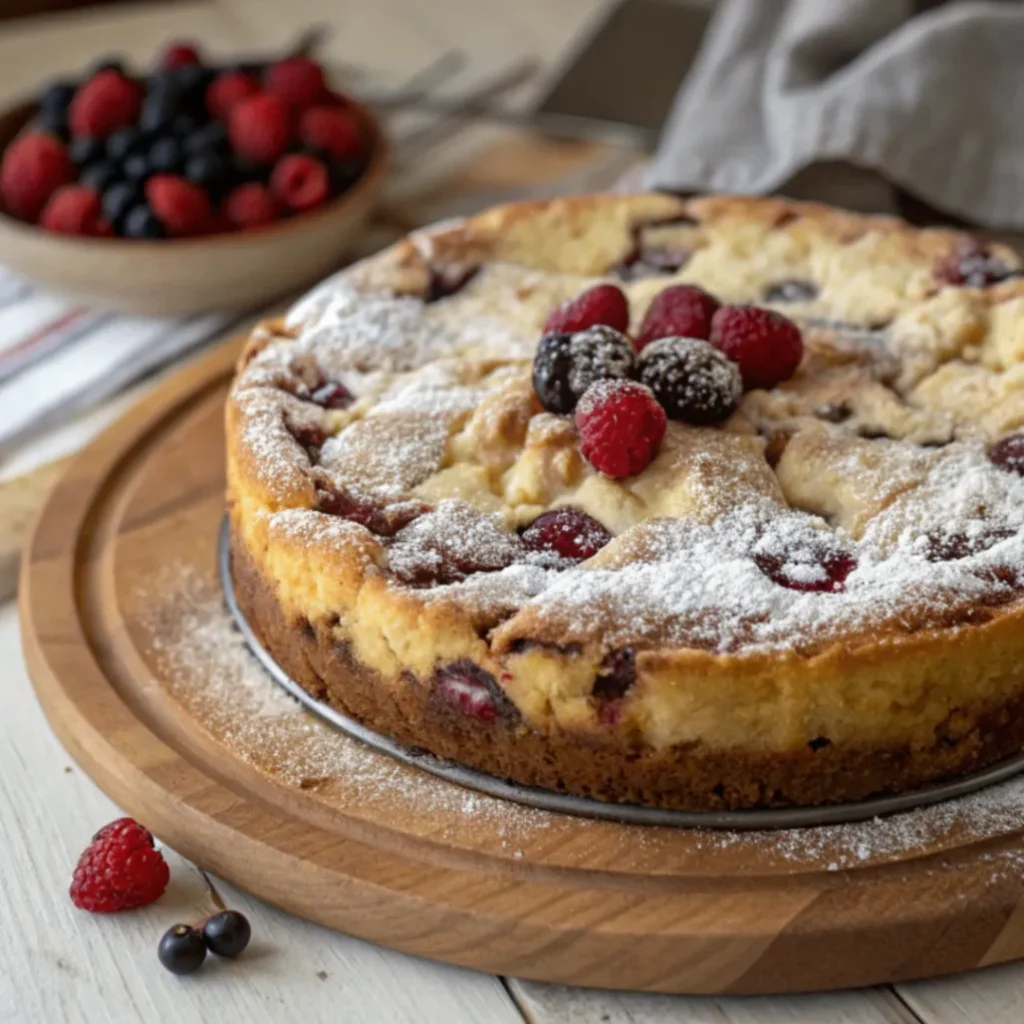 Frisch gebackener Russischer Zupfkuchen mit cremiger Quarkfüllung und dunklem Schokoboden auf Holztisch