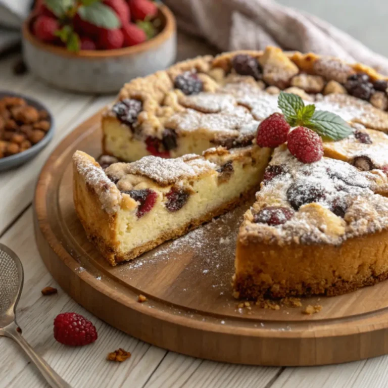 Frisch gebackener Russischer Zupfkuchen mit cremiger Quarkfüllung und dunklem Schokoboden auf Holztisch