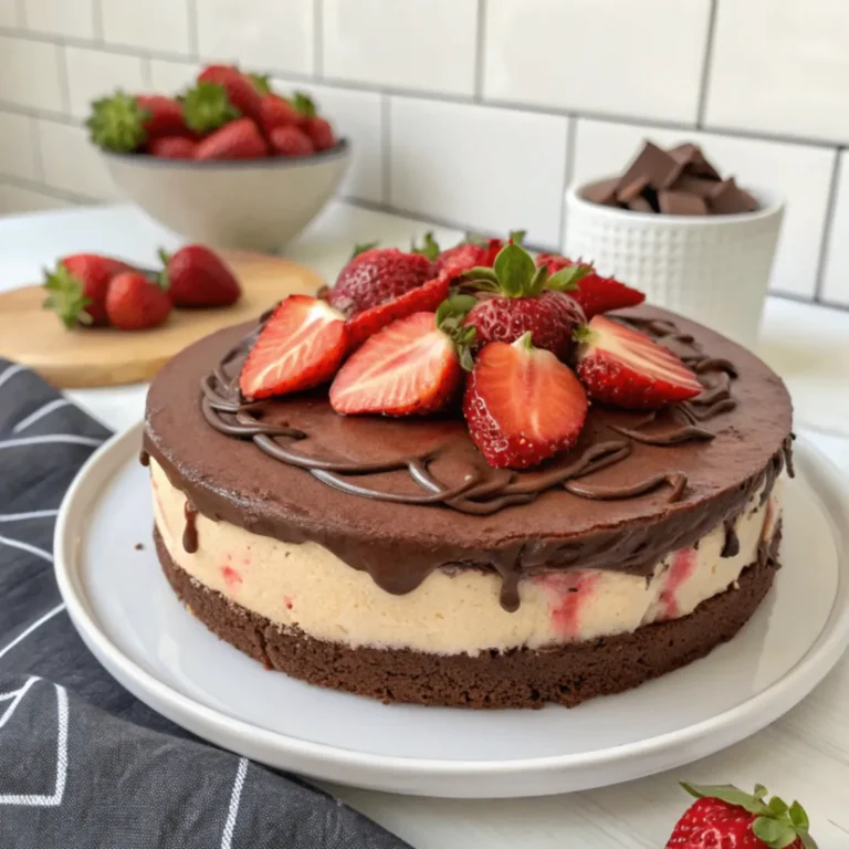 Schoko Erdbeer Käsekuchen mit cremiger Füllung, angeschnitten, auf rustikalem Holzbrett mit frischen Erdbeeren dekoriert