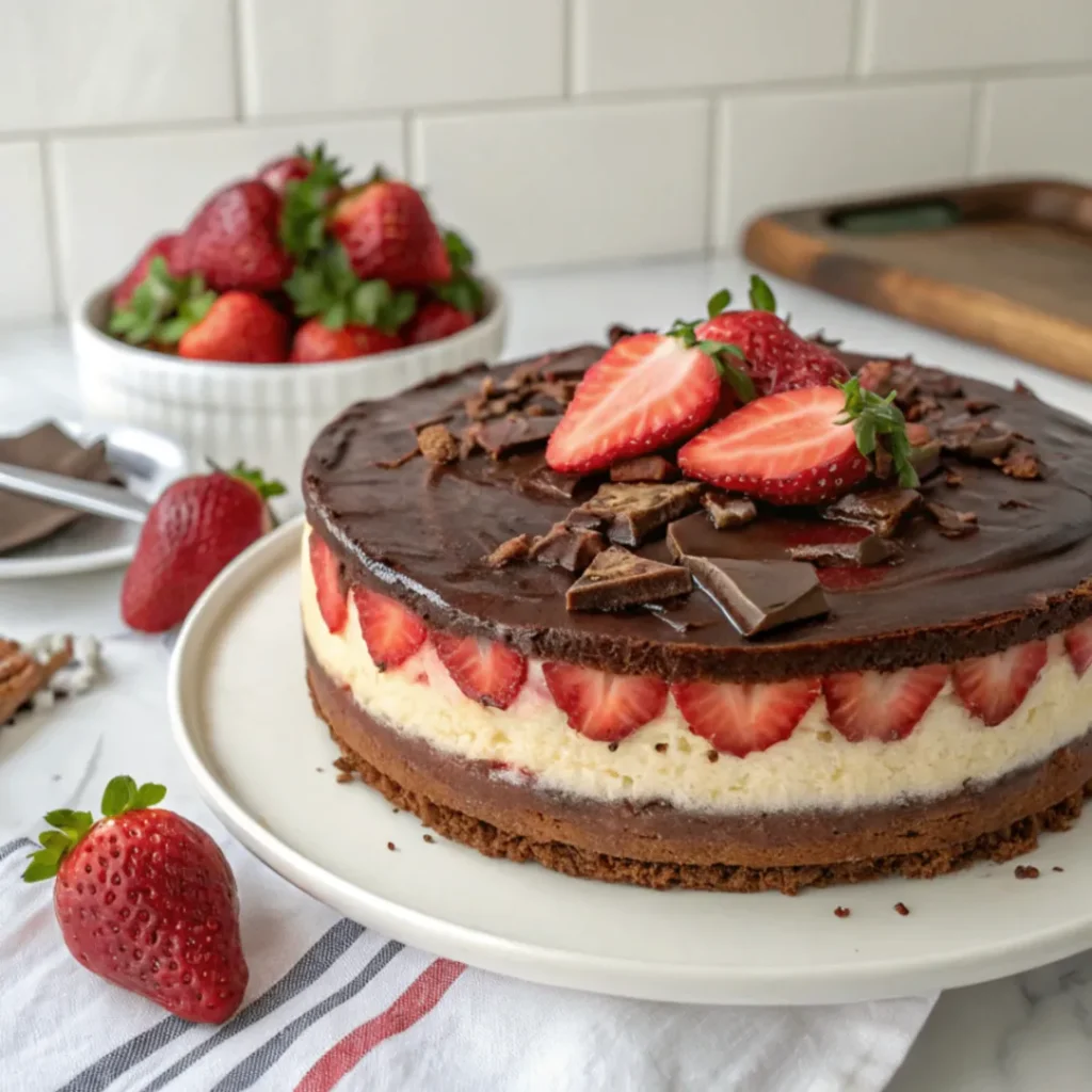 Schoko Erdbeer Käsekuchen mit cremiger Füllung, angeschnitten, auf rustikalem Holzbrett mit frischen Erdbeeren dekoriert