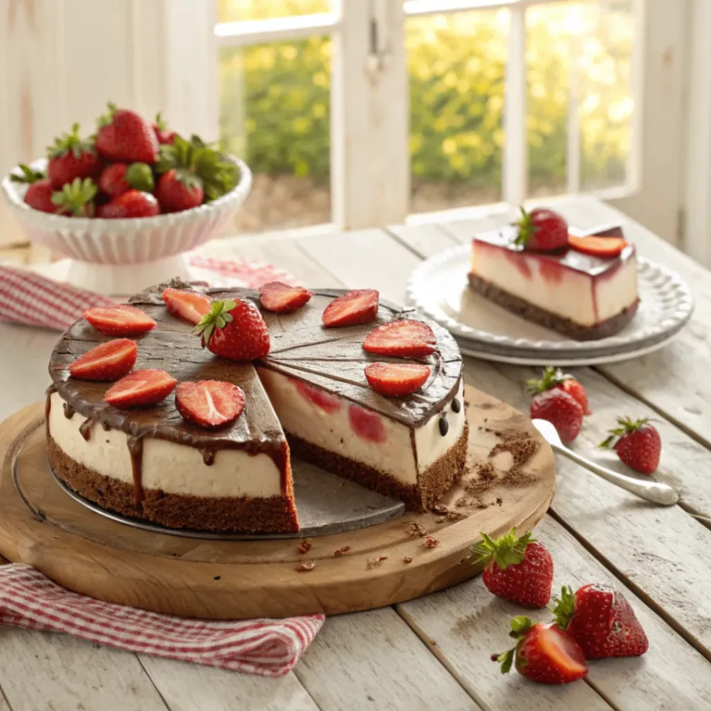 Schoko Erdbeer Käsekuchen mit cremiger Füllung, angeschnitten, auf rustikalem Holzbrett mit frischen Erdbeeren dekoriert