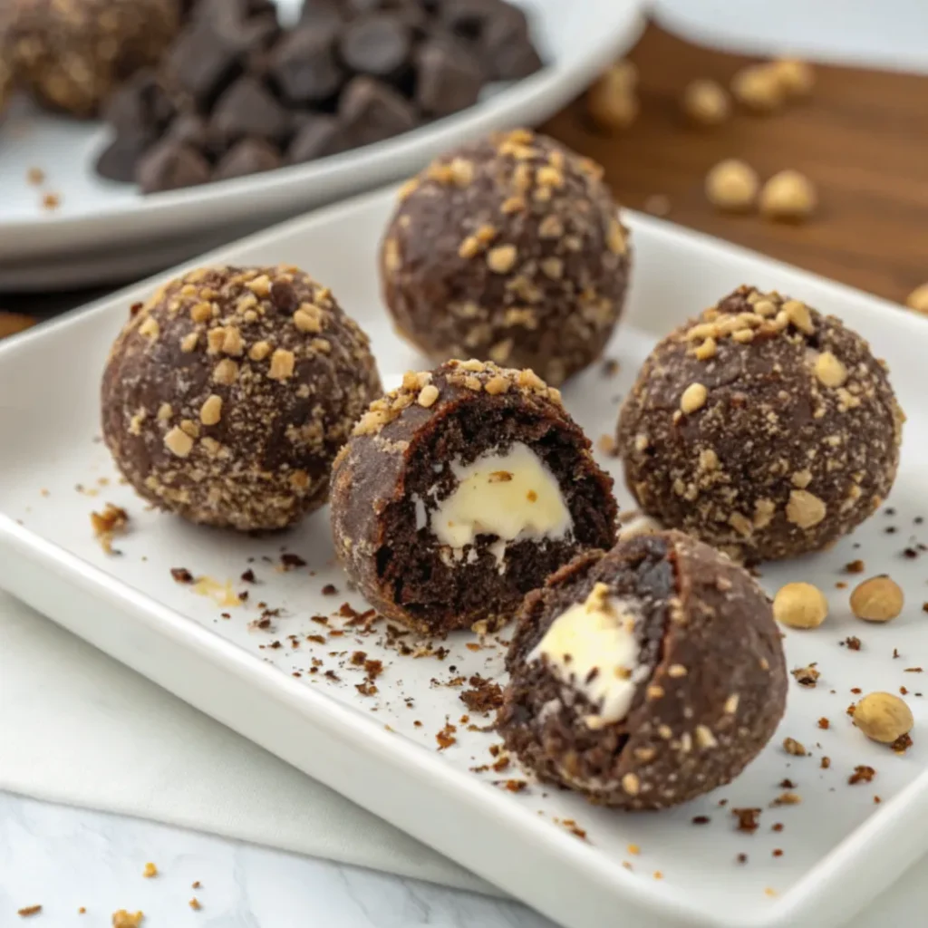 Nahaufnahme von Schoko-Nuss Energy Balls mit cremiger Füllung – gesunde Energiebällchen aus Datteln, Nüssen und Kakaopulver mit Nussmusfüllung auf Holzbrett