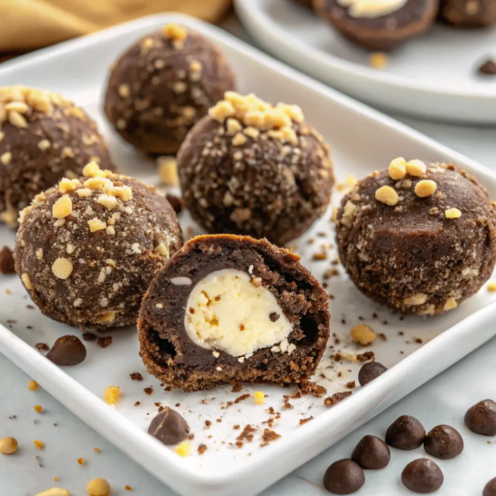 Nahaufnahme von Schoko-Nuss Energy Balls mit cremiger Füllung – gesunde Energiebällchen aus Datteln, Nüssen und Kakaopulver mit Nussmusfüllung auf Holzbrett