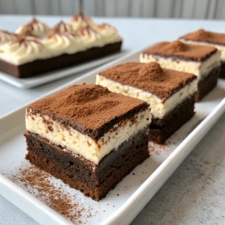 Saftige Schokolade Tiramisu-Brownies mit cremiger Mascarpone-Schicht und Kakaopulver bestäubt auf Holzbrett
