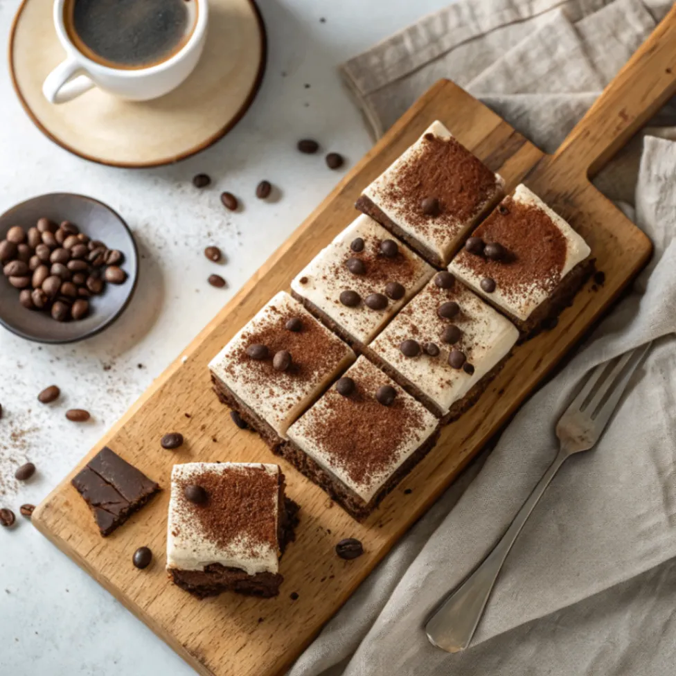 Saftige Schokolade Tiramisu-Brownies mit cremiger Mascarpone-Schicht und Kakaopulver bestäubt auf Holzbrett
