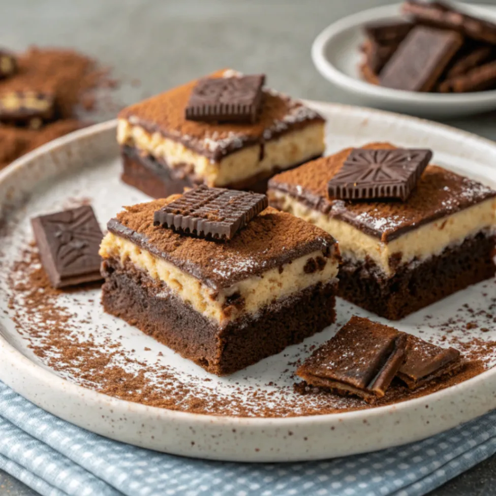 Saftige Schokolade Tiramisu-Brownies mit cremiger Mascarpone-Schicht und Kakaopulver bestäubt auf Holzbrett