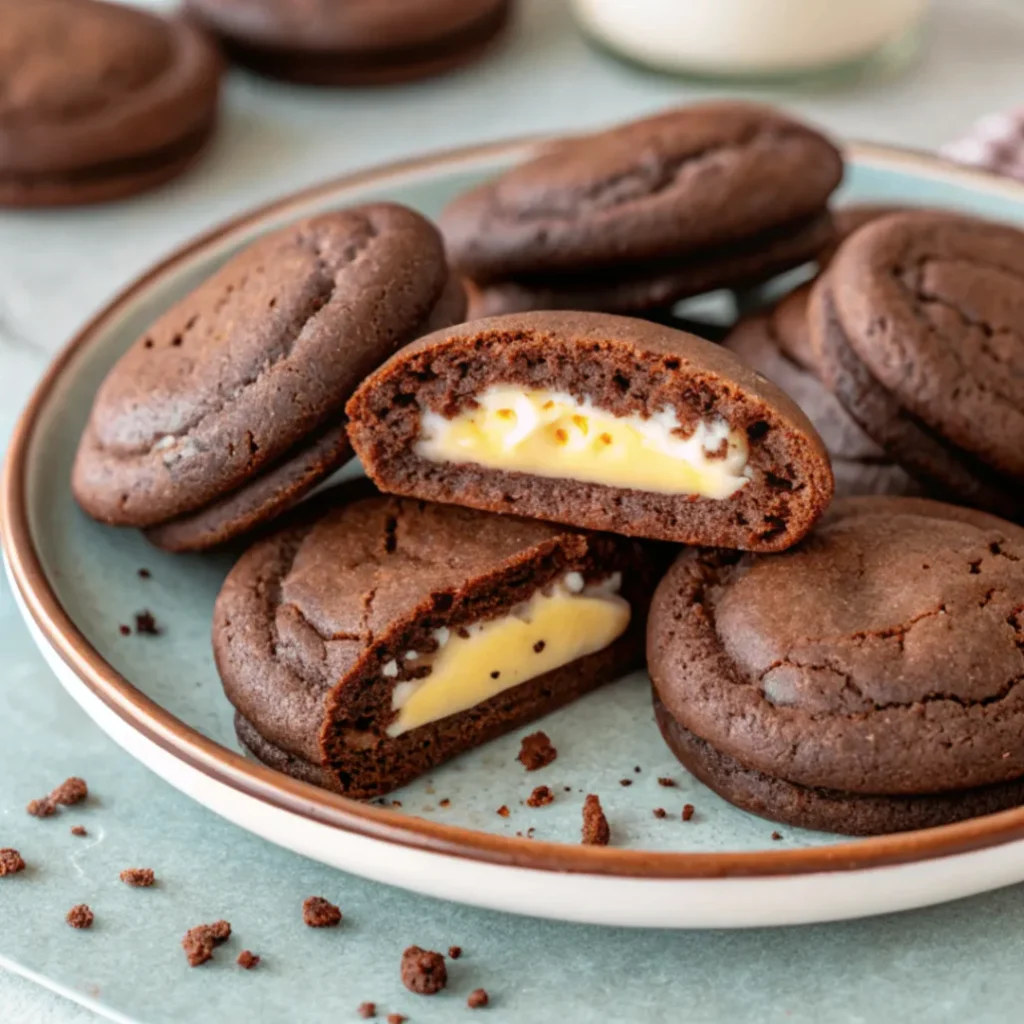 Frisch gebackene Schokoladen-Cheesecake-Cookies mit weichem Kern und cremiger Füllung auf einem Holzbrett