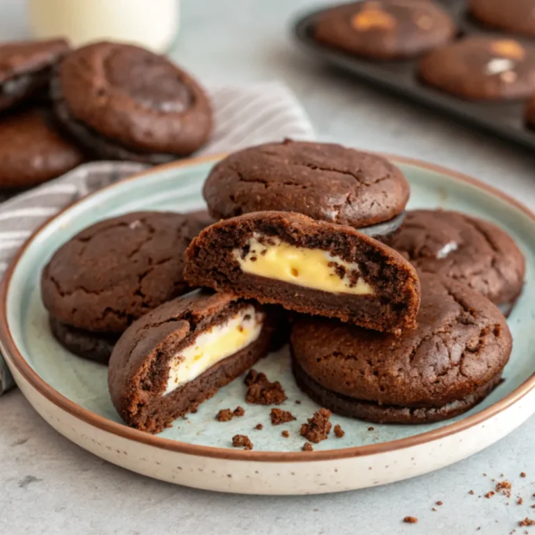 Frisch gebackene Schokoladen-Cheesecake-Cookies mit weichem Kern und cremiger Füllung auf einem Holzbrett