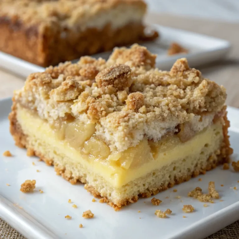 Ein Stück Streuselkuchen mit Pudding auf einem Teller, daneben der restliche Kuchen in einer Backform