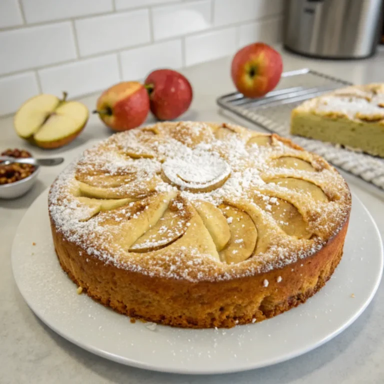 Frisch gebackener Supersaftiger Apfelkuchen mit Apfelscheiben und Puderzucker wie von Oma serviert auf einem Holztisch