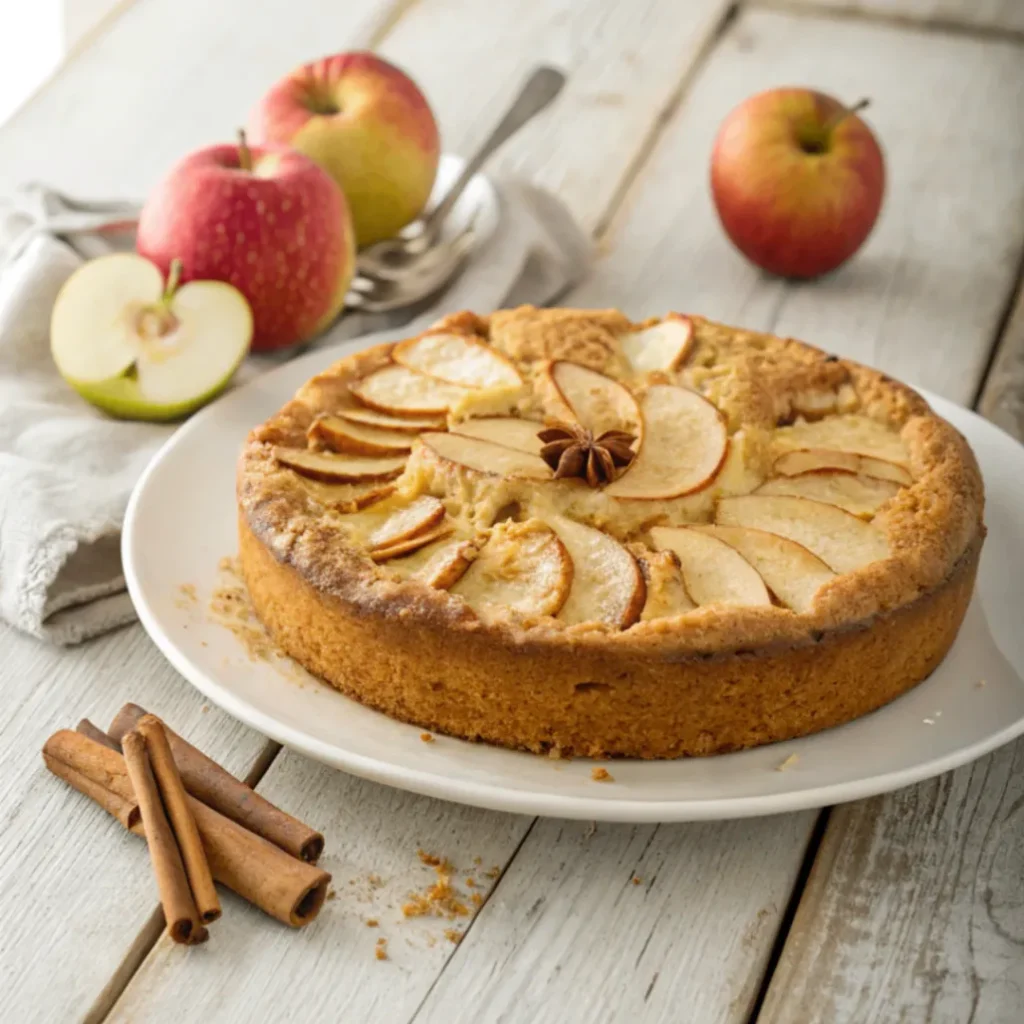 Frisch gebackener Supersaftiger Apfelkuchen mit Apfelscheiben und Puderzucker wie von Oma serviert auf einem Holztisch