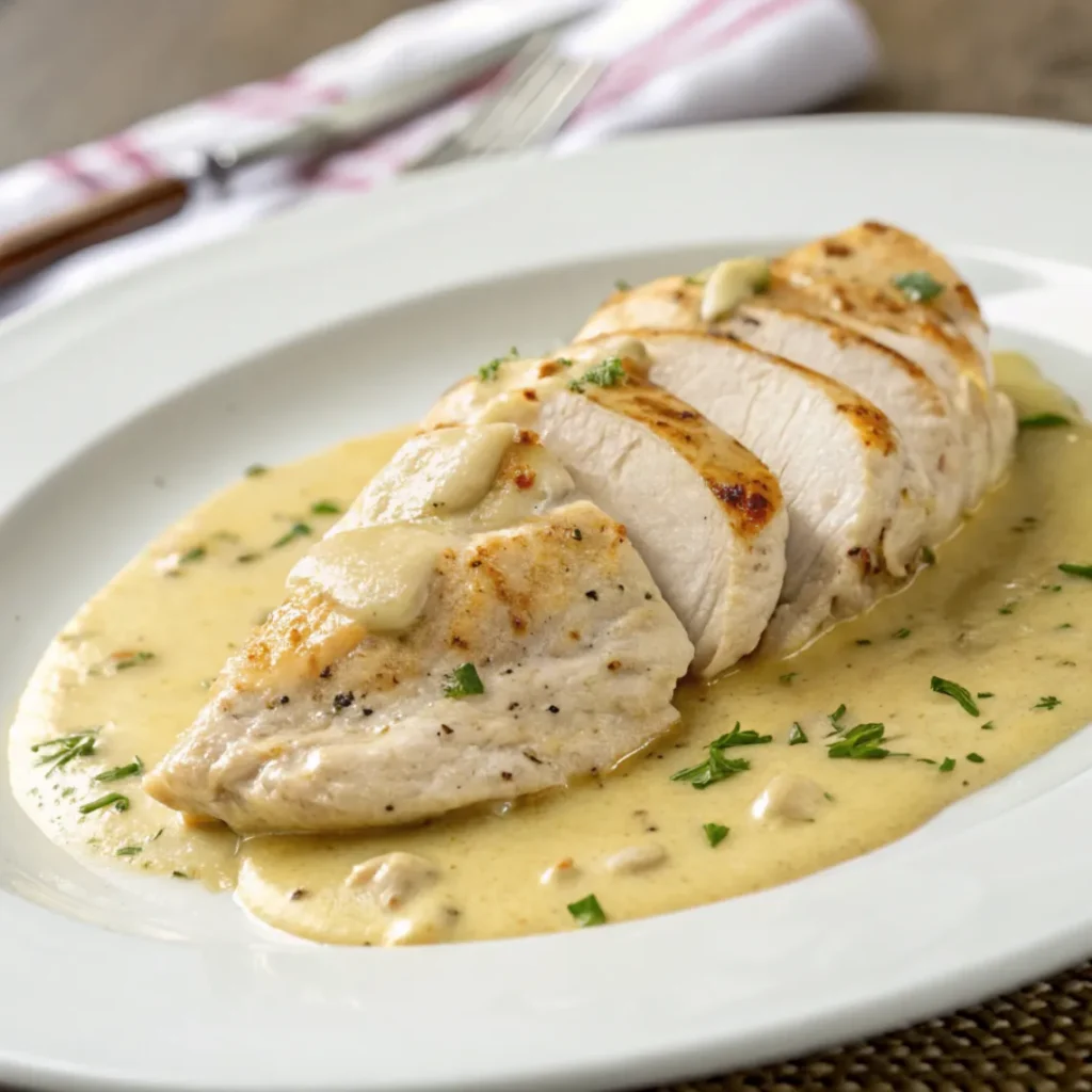Zarte Hähnchenbrust in cremiger Sahnesauce mit frischer Petersilie serviert