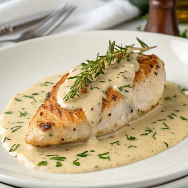 Zarte Hähnchenbrust in cremiger Sahnesauce mit frischer Petersilie serviert