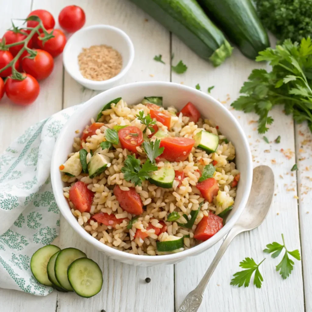 Zucchini-Tomaten-Reis serviert in einer weißen Schüssel mit frischen Kräutern – gesundes One-Pot-Gericht mit Zucchini, Tomaten und Reis
