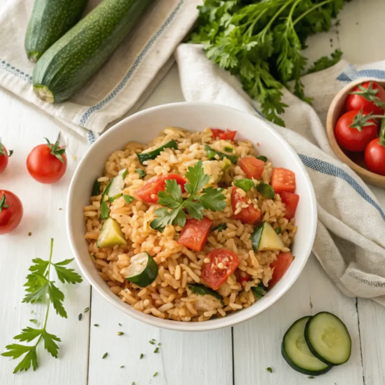 Zucchini-Tomaten-Reis serviert in einer weißen Schüssel mit frischen Kräutern – gesundes One-Pot-Gericht mit Zucchini, Tomaten und Reis