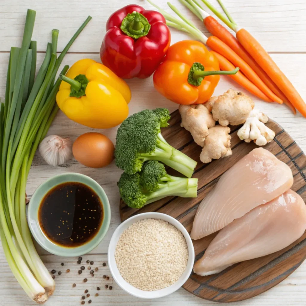 Frische Zutaten für Chicken Teriyaki mit Gemüse: Paprika, Brokkoli, Möhren, Frühlingszwiebeln, Hähnchenbrust, Knoblauch, Ingwer, Sojasoße, Honig und Sesam