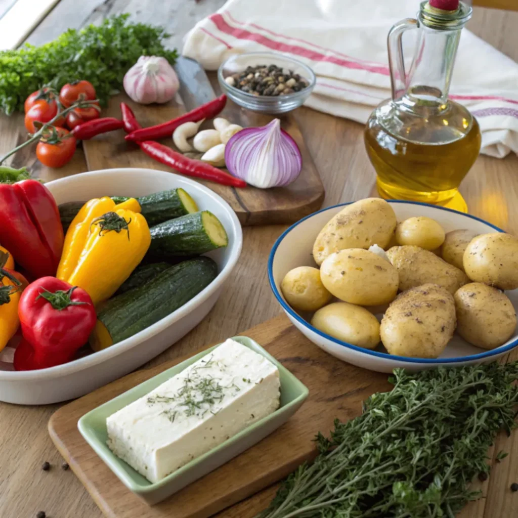 Frische Zutaten für Feta Kartoffeln Ofengemüse – Kartoffeln, Paprika, Zucchini, Zwiebeln, Knoblauch, Feta und Olivenöl auf einem Holztisch