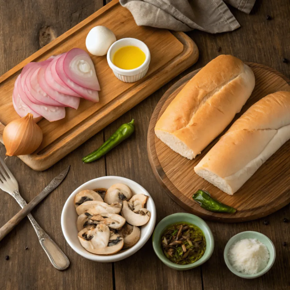 Frische Zutaten für ein Hähnchen Cheesesteak Sandwich: Hähnchenbrust, Paprika, Champignons, Zwiebeln, Käse und Brötchen auf einem Holztisch