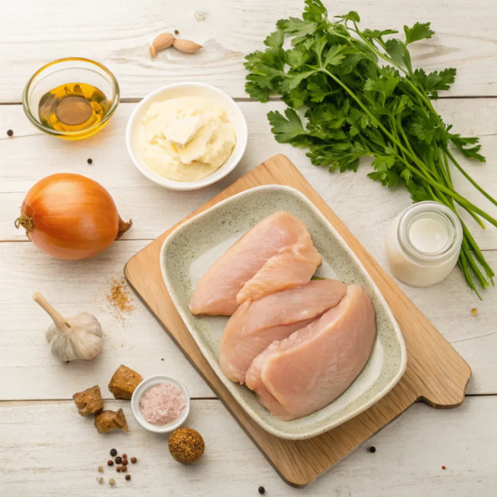 Frische Zutaten für Zarte Hähnchenbrust in cremiger Sahnesauce auf Holztisch