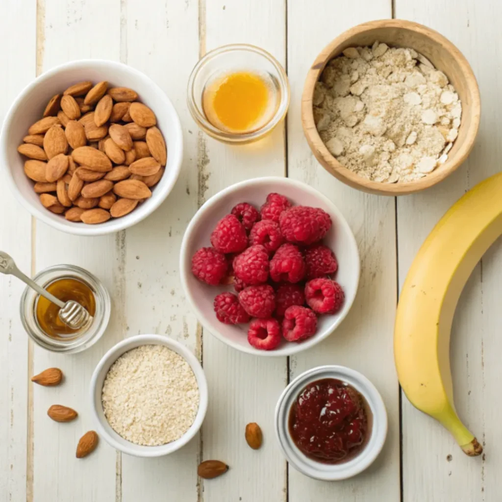Frische Zutaten wie Himbeeren, Haferflocken, Mandeln, Banane, Honig und Mandelmus für fruchtige Himbeer-Mandel-Riegel auf einem Holztisch