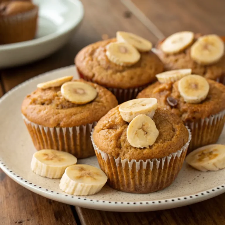 Frisch gebackene Erdnussbutter Bananen Muffins auf einem Holztisch mit Bananen und Erdnussbutter im Hintergrund