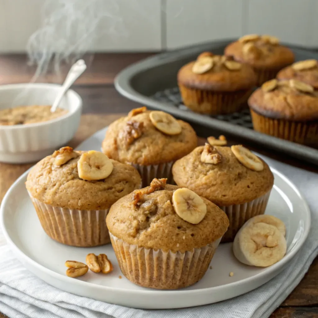 Frisch gebackene Erdnussbutter Bananen Muffins auf einem Holztisch mit Bananen und Erdnussbutter im Hintergrund