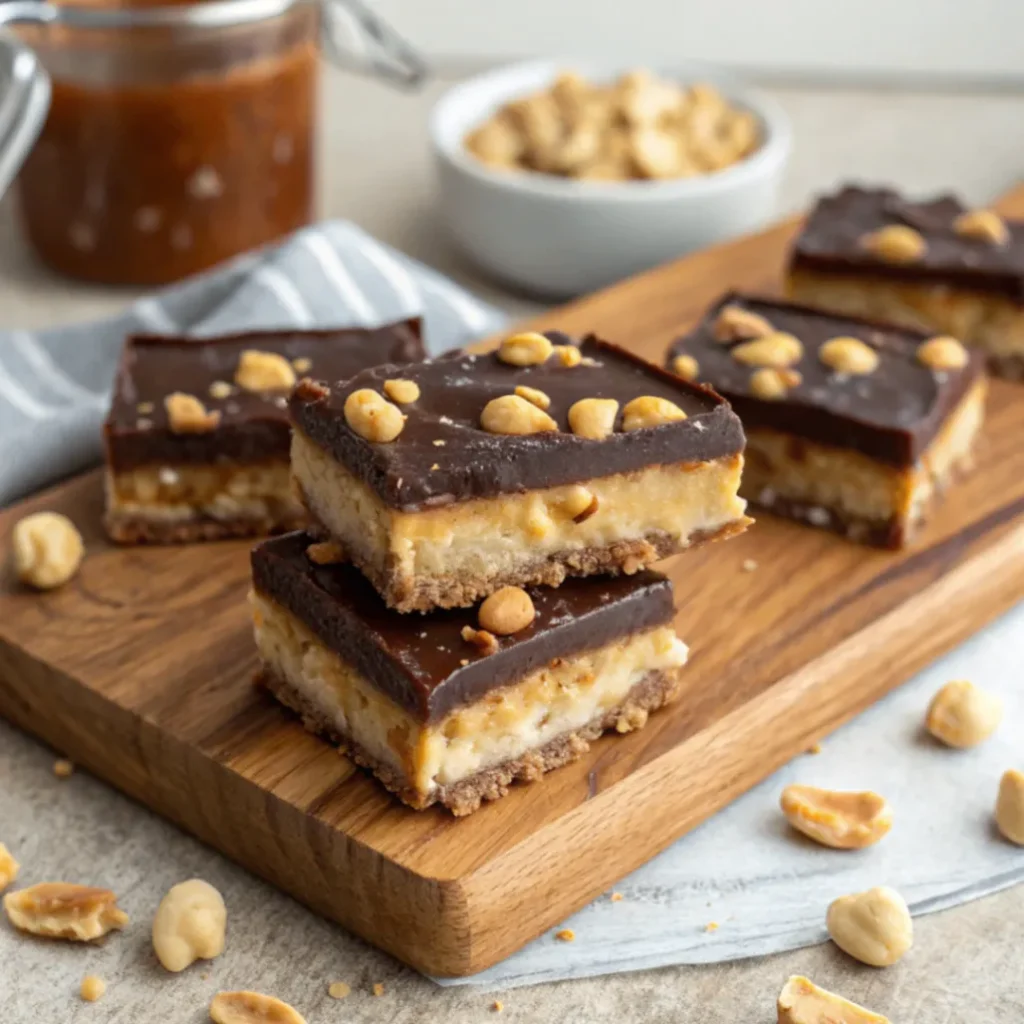 Hausgemachte vegane Snickers Riegel mit Datteln, Erdnussbutter und dunkler Schokolade – gesunder Snack ohne Zucker