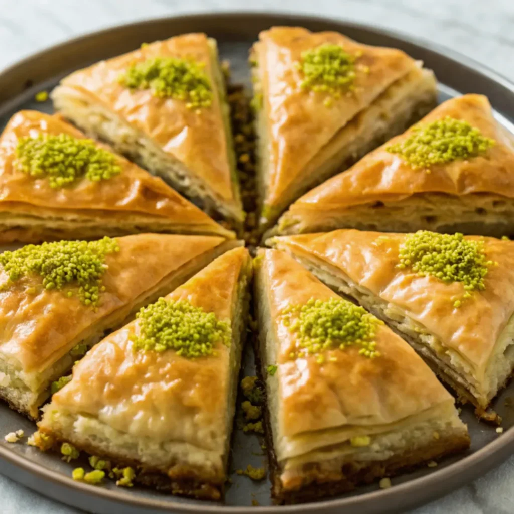 Frisches Baklava mit knusprigem Filoteig, Pistazien und Honigsirup
