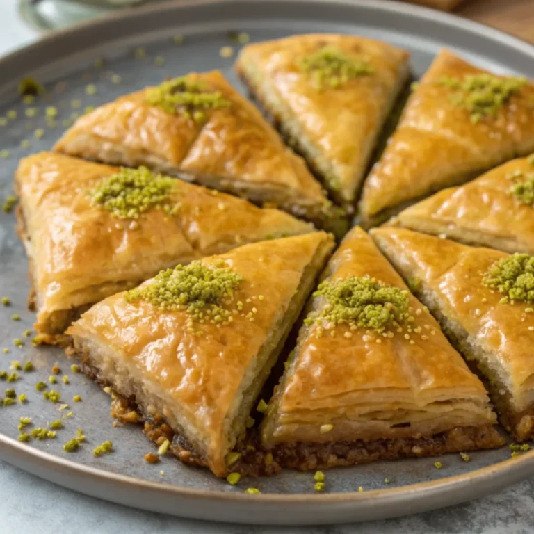 Frisches Baklava mit knusprigem Filoteig, Pistazien und Honigsirup