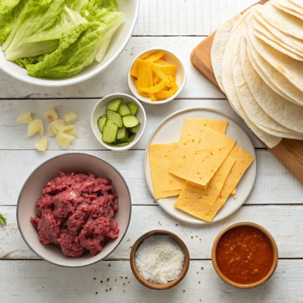 Frische Zutaten für Big Mac Wraps: Hackfleisch, Käse, Salat, Gurken, Tortillas und Big-Mac-Soße