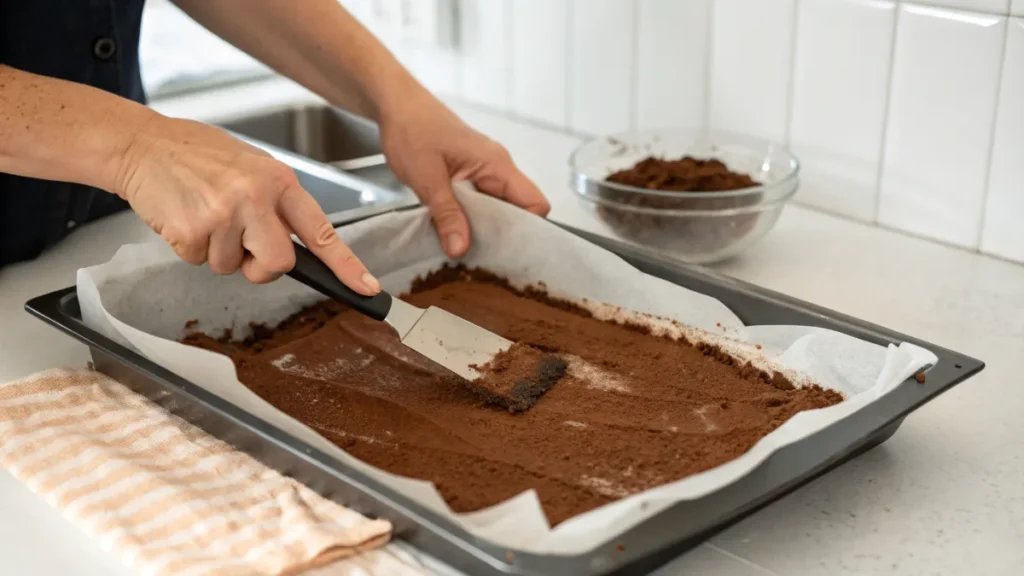 Biskuitteig gleichmäßig auf dem Backblech verteilen