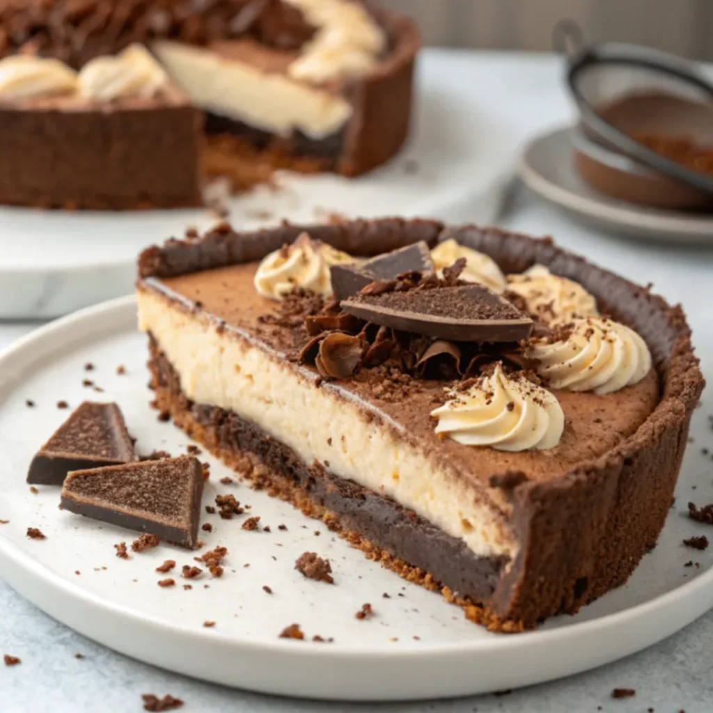 Schokoladen Espresso Mascarpone Tarte mit Schokoladencreme, Espresso-Aroma und Mascarpone auf knusprigem Keksboden