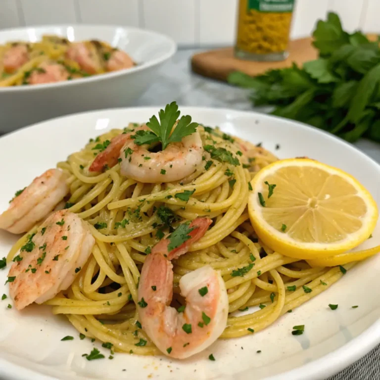 Cremige Zitronenspaghetti mit Kräutergarnelen serviert mit frischen Kräutern, Zitronenscheiben und Parmesan