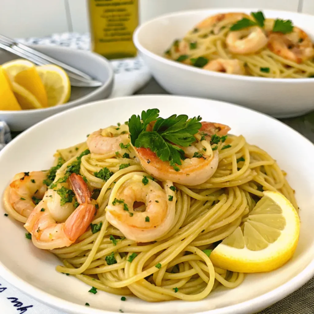 Cremige Zitronenspaghetti mit Kräutergarnelen serviert mit frischen Kräutern, Zitronenscheiben und Parmesan