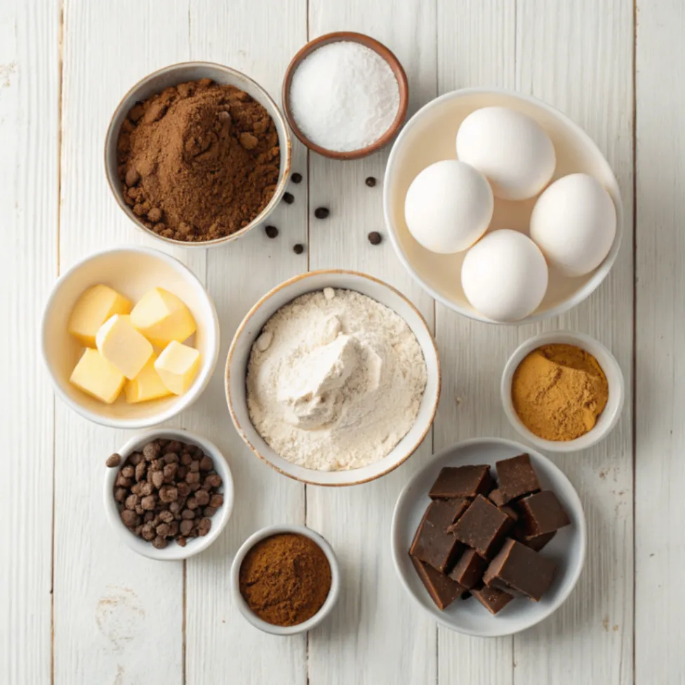 Essenzielle Zutaten für Kinder Pingui Kuchen – Eier, Mehl, Kakao, Mascarpone, Sahne, Schokolade und Butter auf einem Holzuntergrund