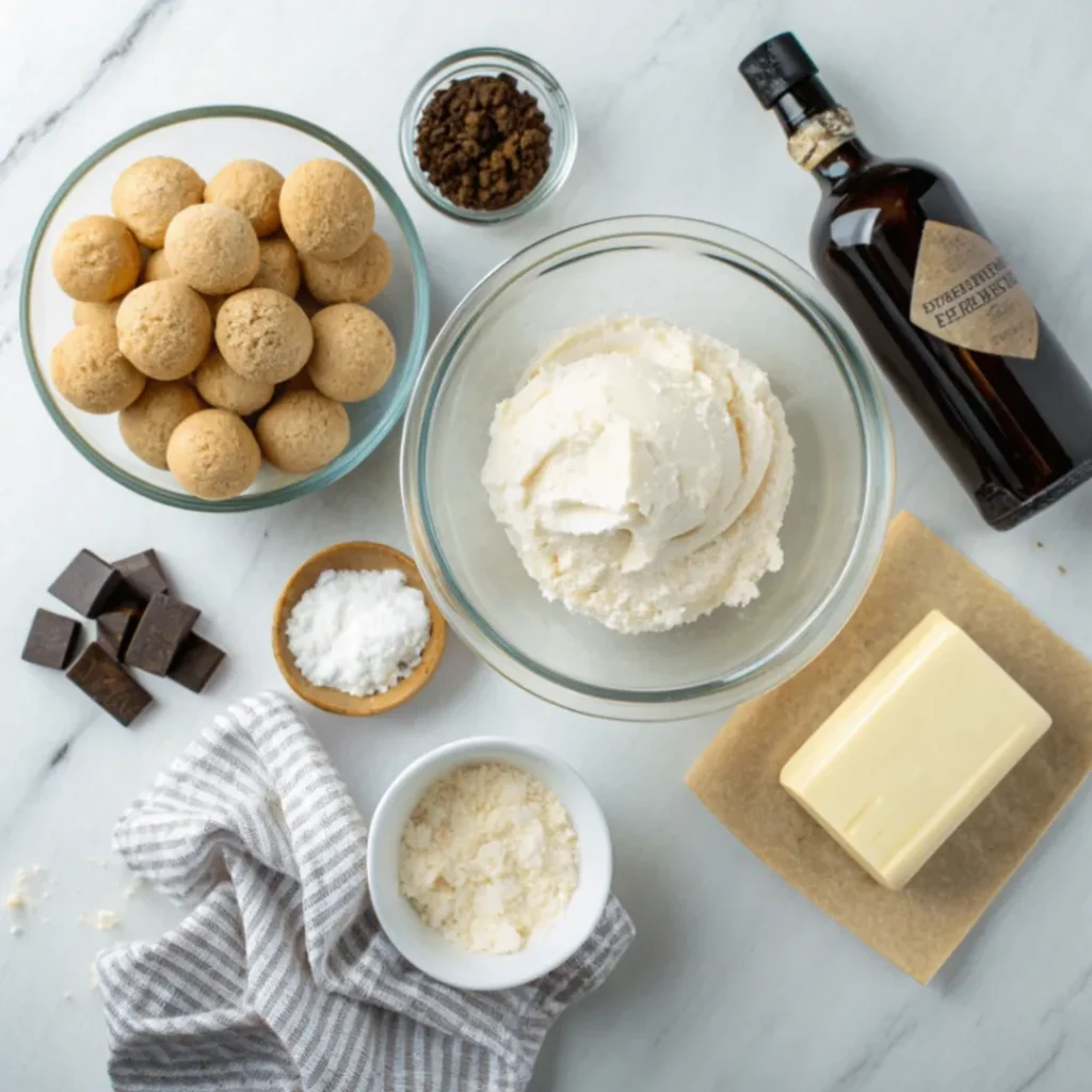 Alle essenziellen Zutaten für schnelle Käsekuchen-Kugeln, einschließlich Frischkäse, Puderzucker, Vanilleextrakt, zerbröselte Butterkekse, weiße und dunkle Schokolade sowie Kokosraspeln, auf einem hellen Küchentisch angerichtet.