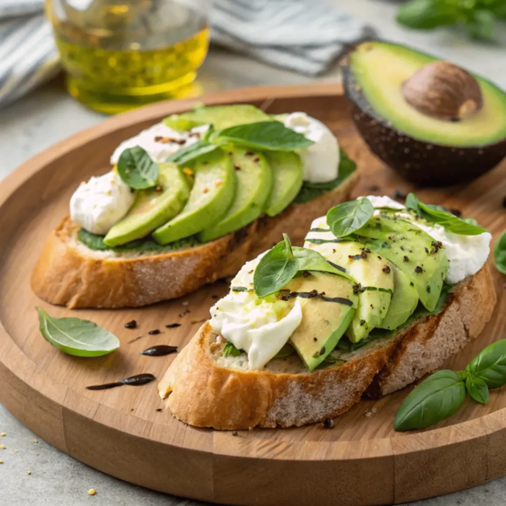 Frische Avocado-Burrata-Bruschetta mit knusprigem Ciabatta, cremiger Avocado, Burrata, Cherrytomaten und frischem Basilikum auf einem Holzbrett serviert