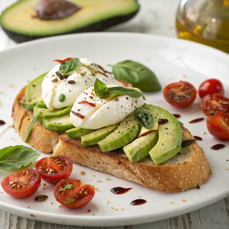Frische Avocado-Burrata-Bruschetta mit knusprigem Ciabatta, cremiger Avocado, Burrata, Cherrytomaten und frischem Basilikum auf einem Holzbrett serviert