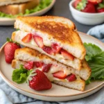 Gebratene Erdbeer-Käsekuchen-Sandwiches mit frischen Erdbeeren und Puderzucker auf rustikalem Tisch