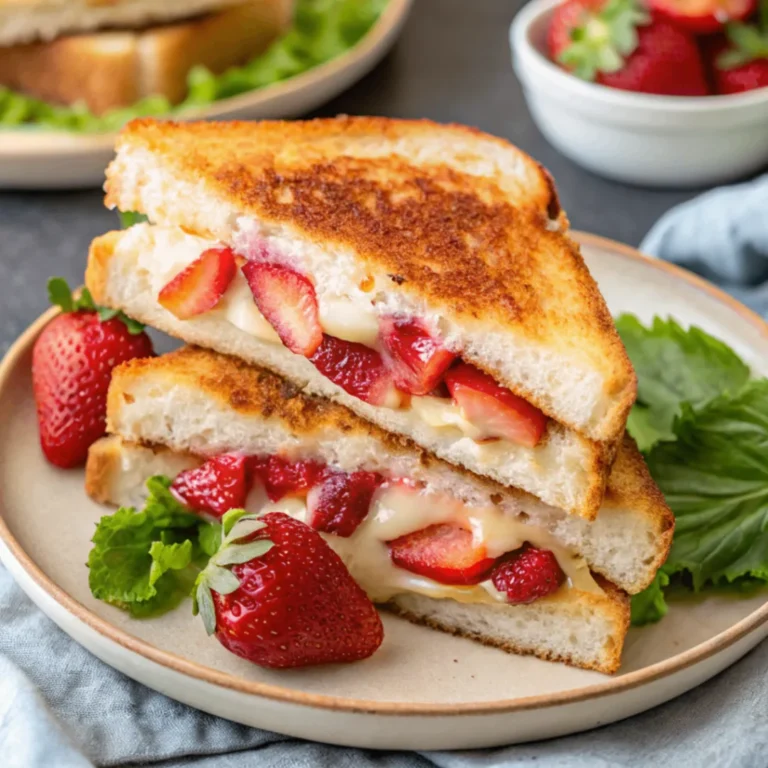 Gebratene Erdbeer-Käsekuchen-Sandwiches mit frischen Erdbeeren und Puderzucker auf rustikalem Tisch